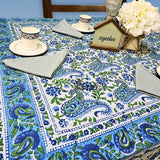 Parisian Paisley Floral Block Print Cotton Tablecloth Collection, Emerald Riviera