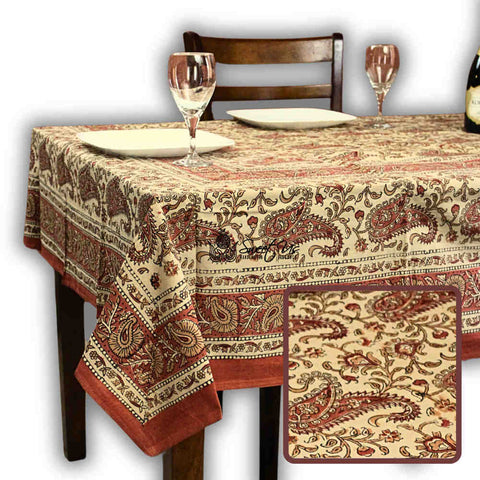 Parisian Paisley Floral Block Print Cotton Tablecloth Rectangle, Sienna Spice