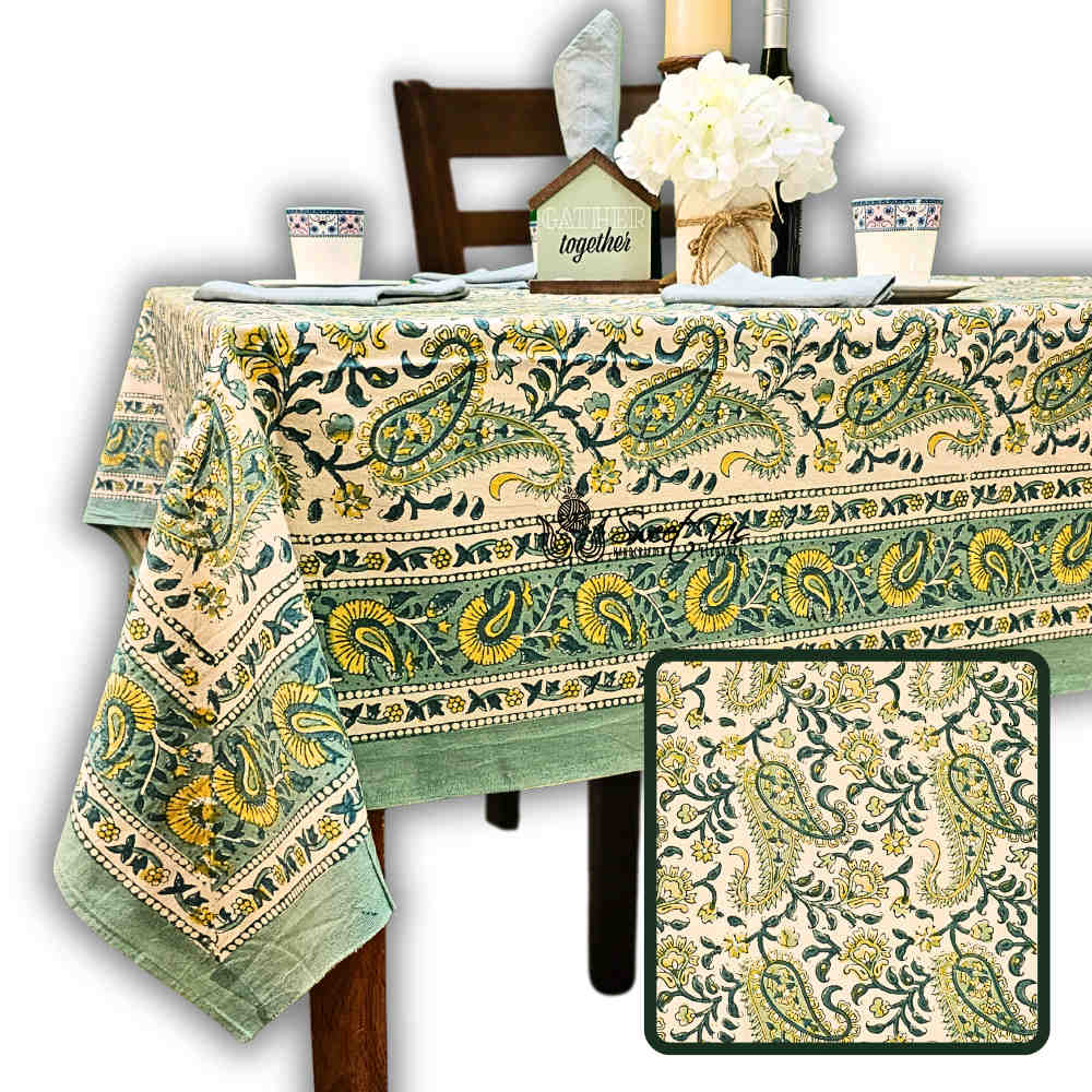 Parisian Paisley Floral Block Print Cotton Tablecloth Collection, Lime Terrace