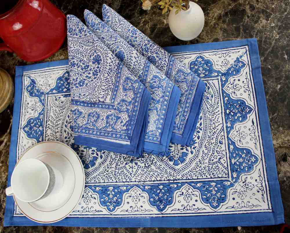 Princess Paisley Block Print Cotton Floral Set of 4 Table Napkins, Serene Blue - Sweet Us