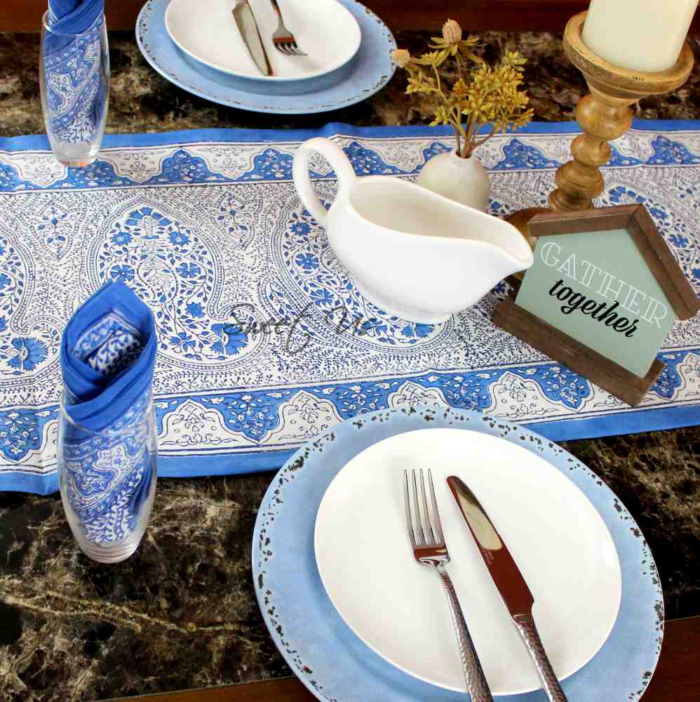 Princess Paisley Block Print Cotton Floral Set of 4 Table Napkins, Serene Blue - Sweet Us