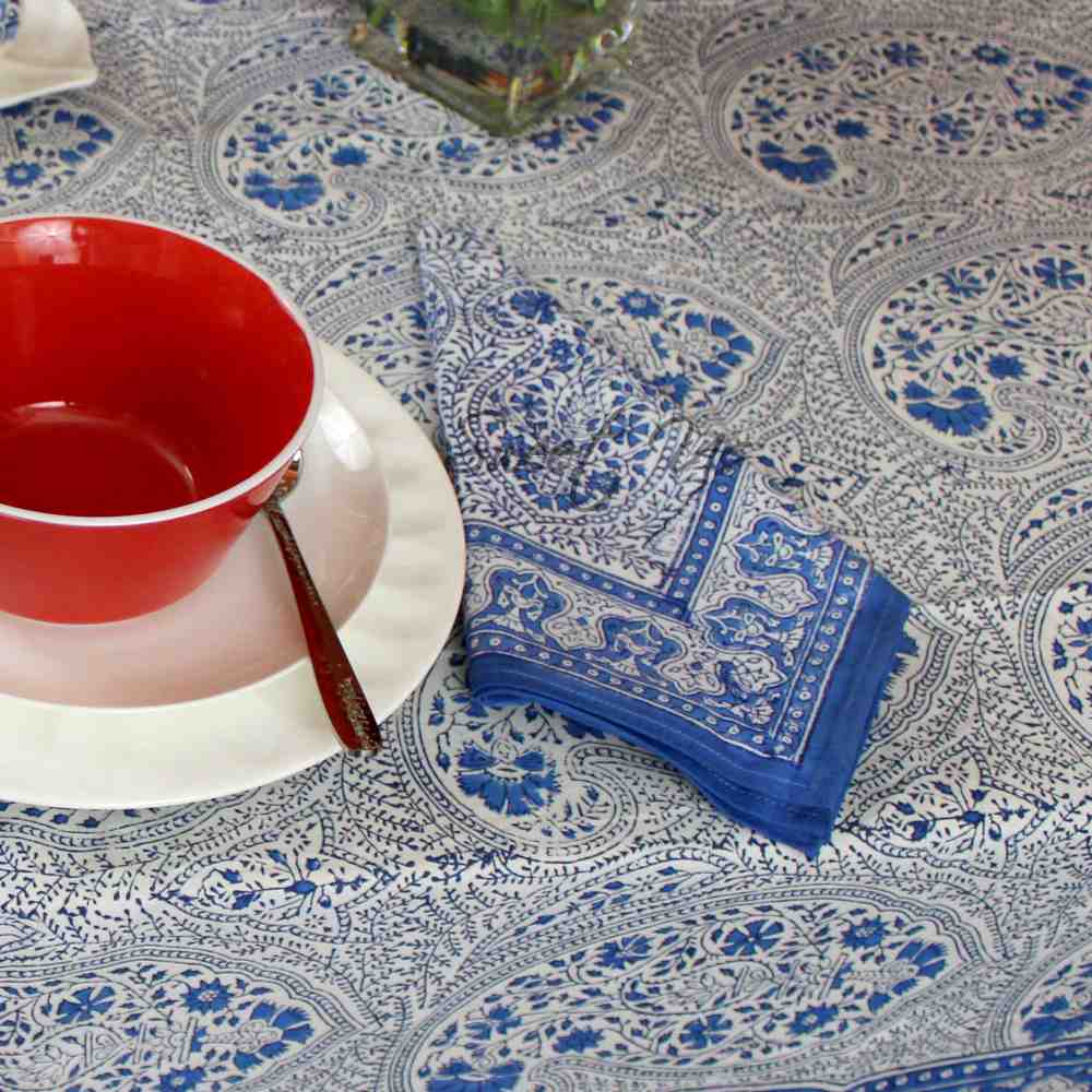 Princess Paisley Block Print Cotton Floral Set of 4 Table Napkins, Serene Blue - Sweet Us
