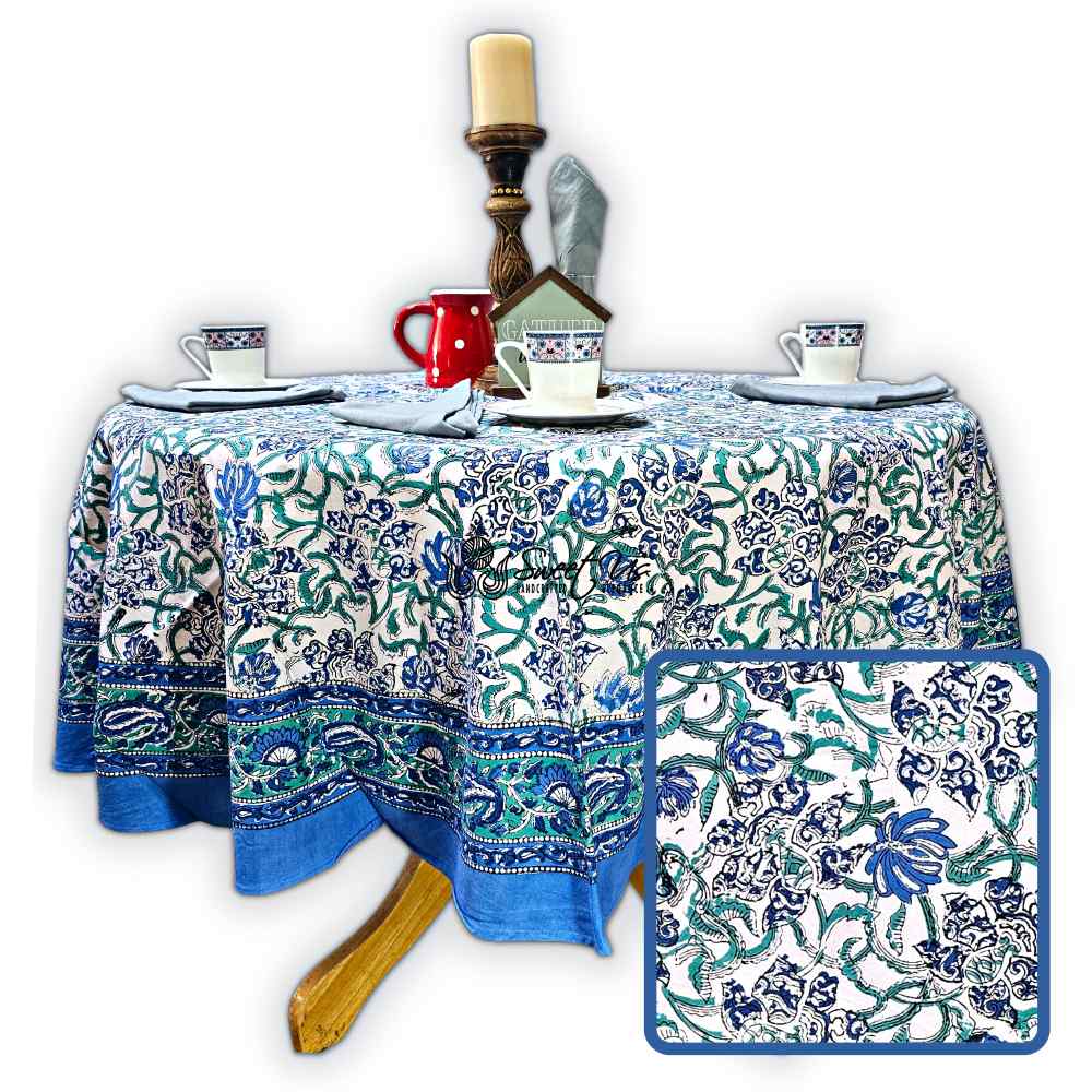 Paisley Paradise Block Print Cotton Tablecloth Round, Emerald Bay