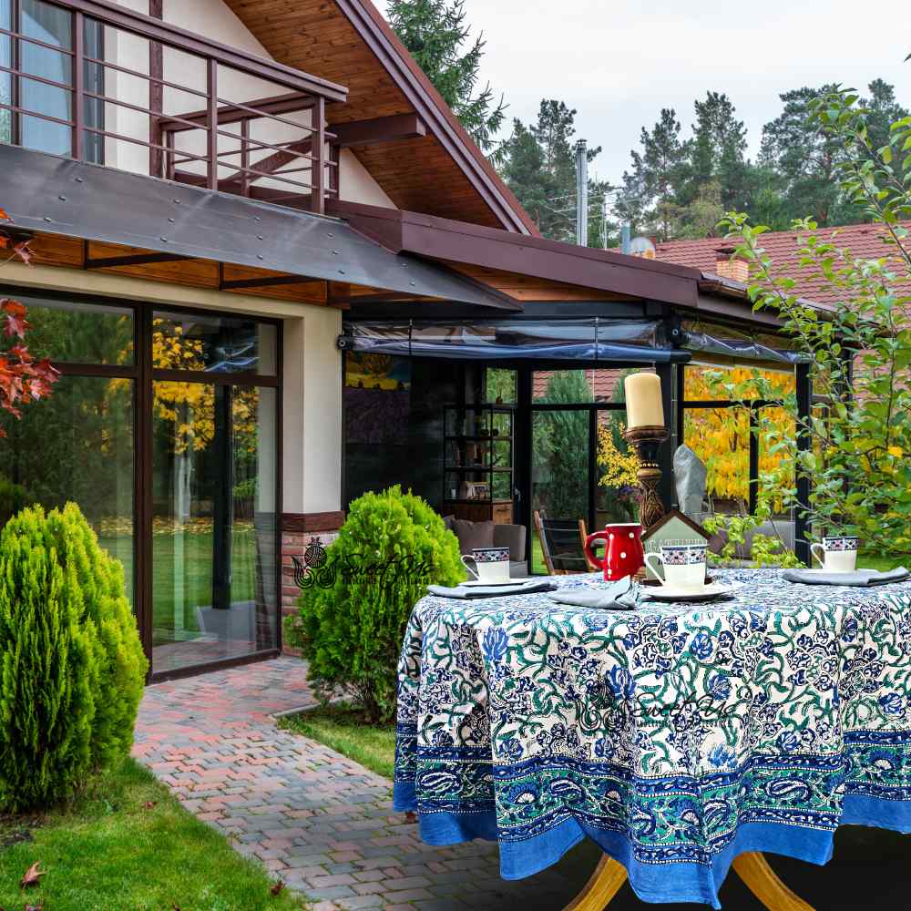 Paisley Paradise Block Print Cotton Tablecloth Round, Emerald Bay