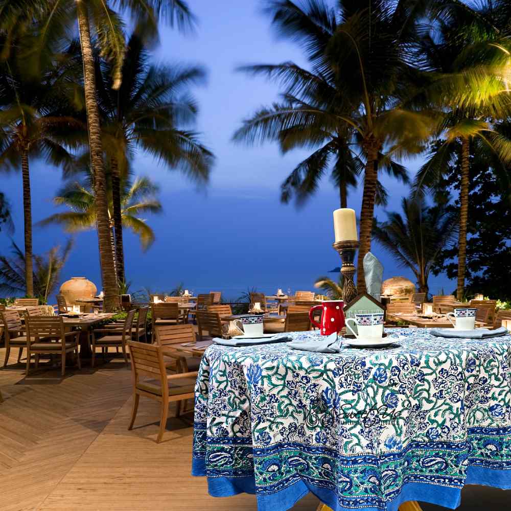 Paisley Paradise Block Print Cotton Tablecloth Round, Emerald Bay