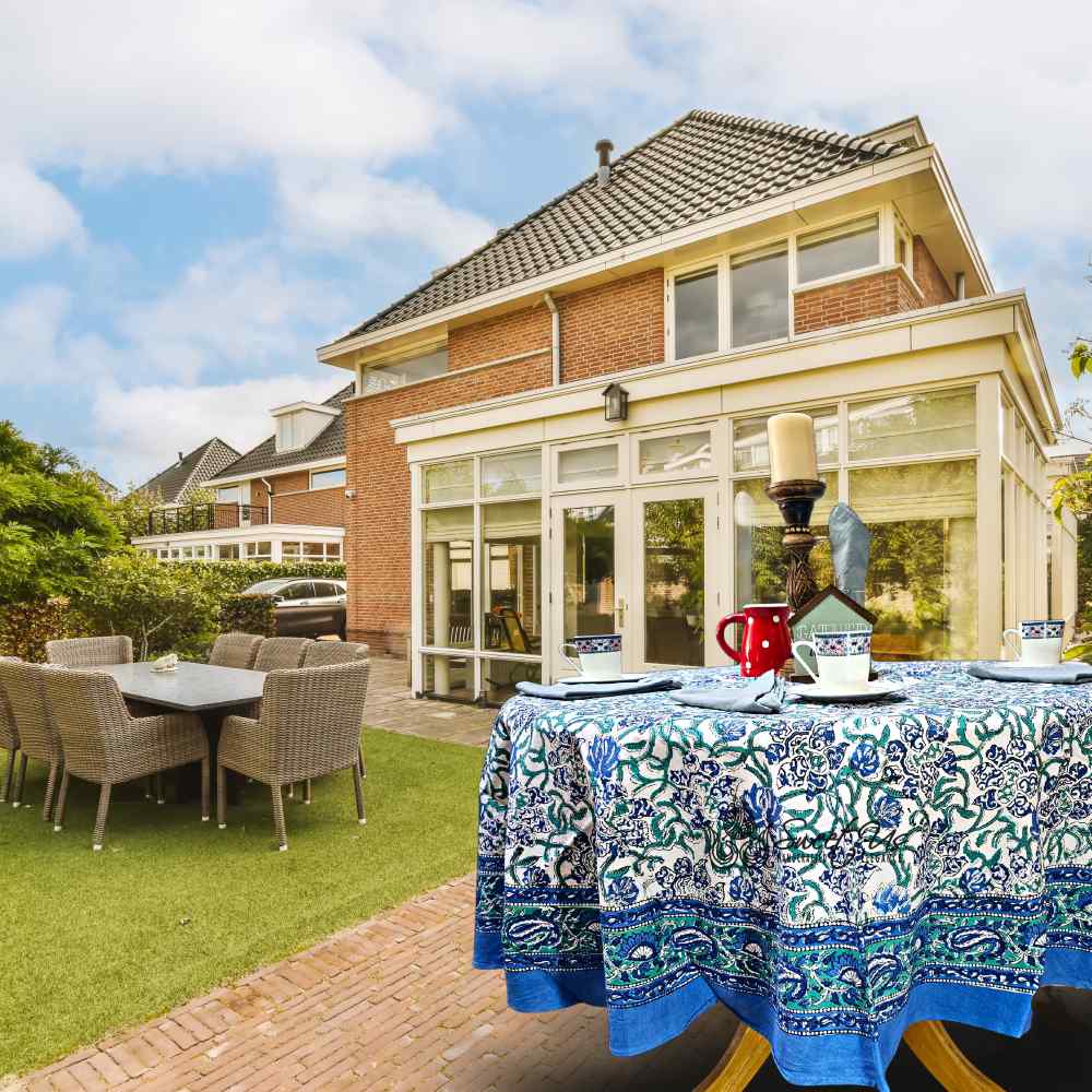 Paisley Paradise Block Print Cotton Tablecloth Round, Emerald Bay