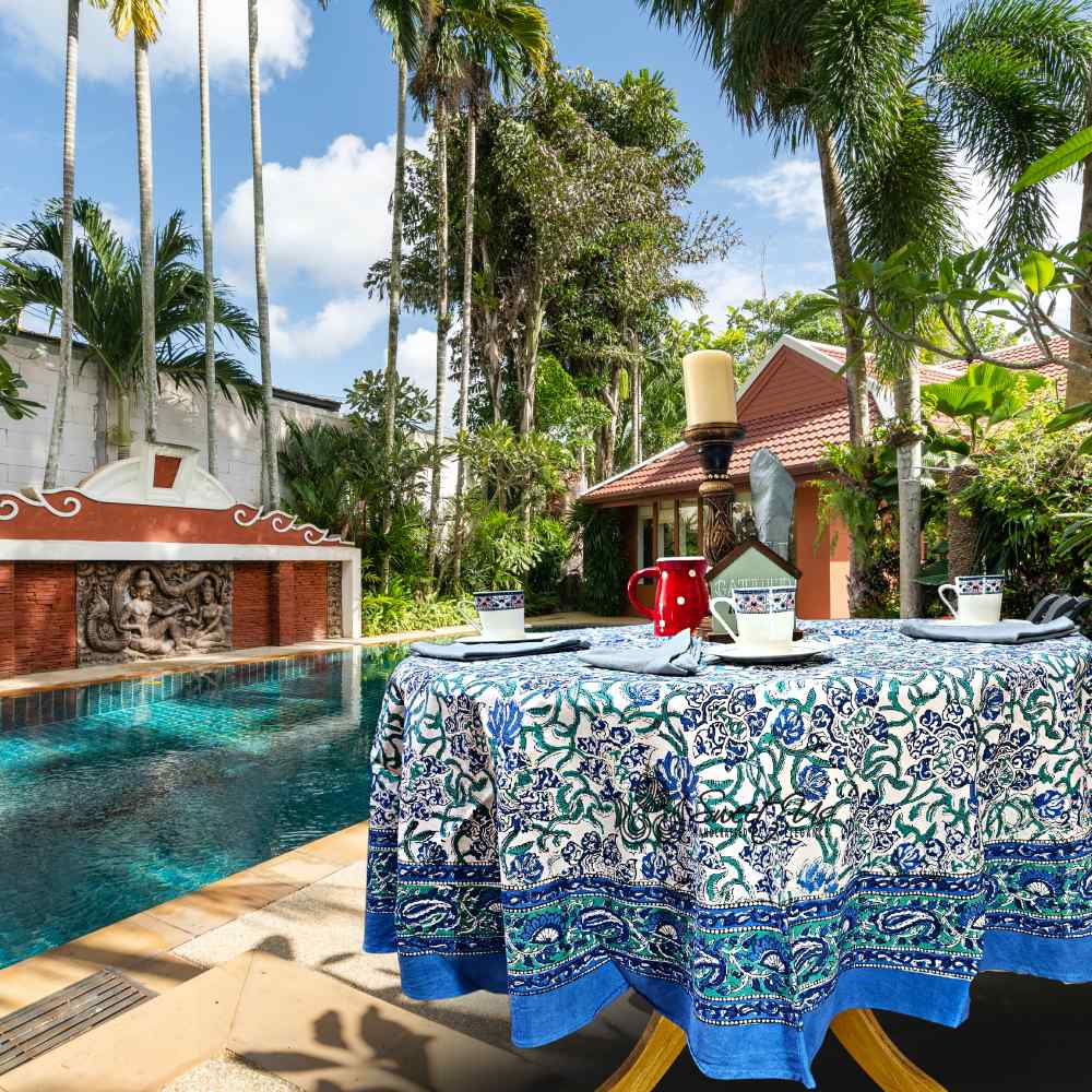 Paisley Paradise Block Print Cotton Tablecloth Round, Emerald Bay