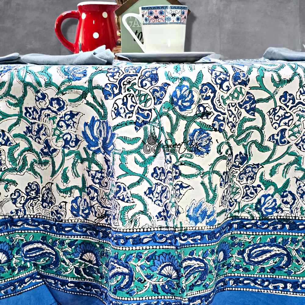 Paisley Paradise Block Print Cotton Tablecloth Round, Emerald Bay