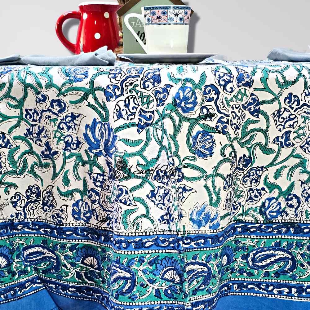 Paisley Paradise Block Print Cotton Tablecloth Round, Emerald Bay
