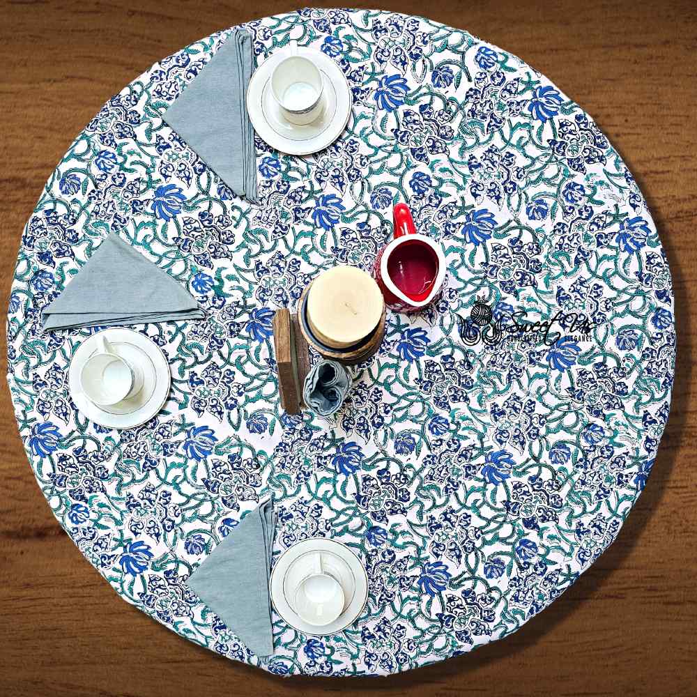 Paisley Paradise Block Print Cotton Tablecloth Round, Emerald Bay