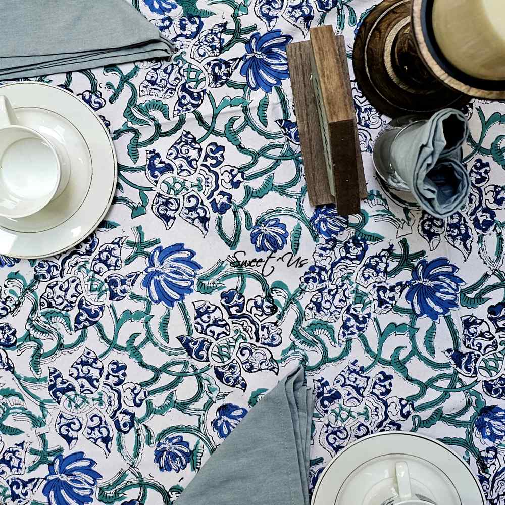 Paisley Paradise Block Print Cotton Tablecloth Round, Emerald Bay