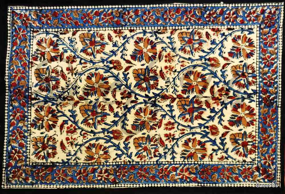 Vintage Paisley Floral Cotton Block Print Set of 4 Placemats, Aqua Dusk