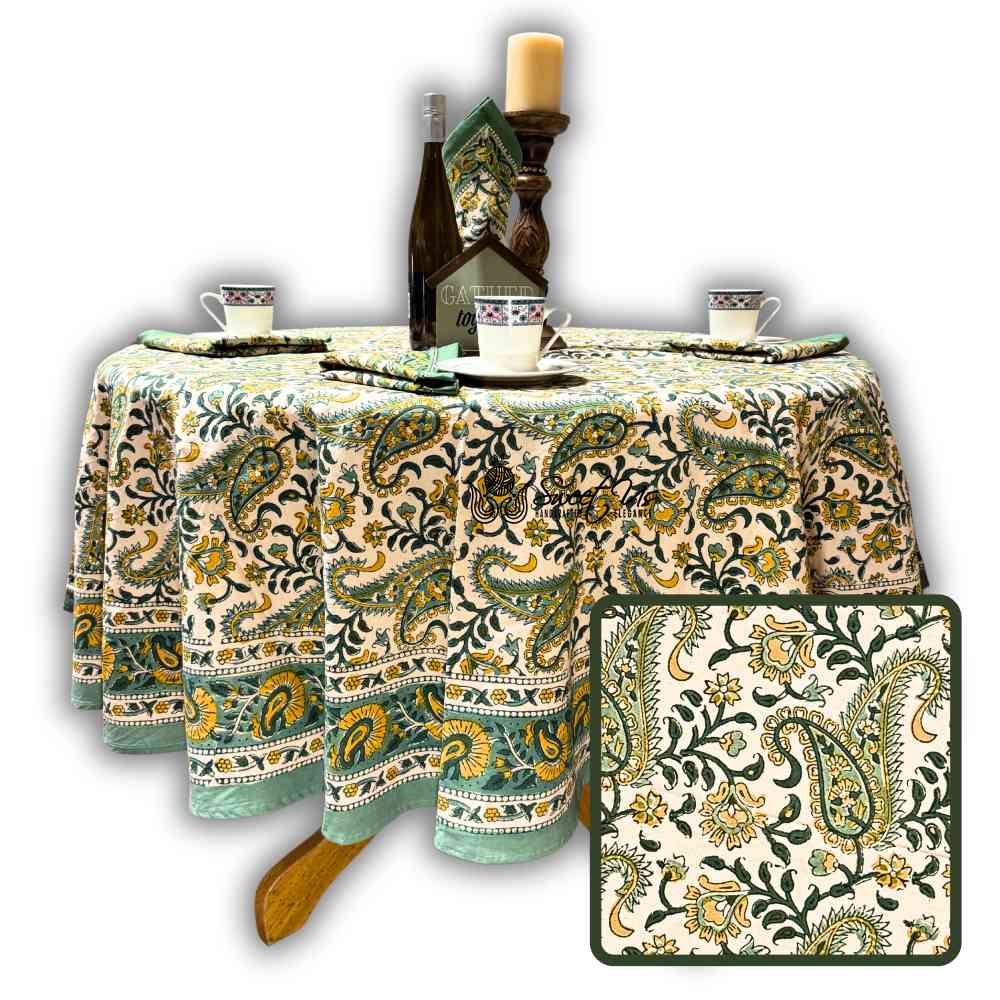 Parisian Paisley Floral Block Print Cotton Tablecloth Round, Lime Terrace - Sweet Us