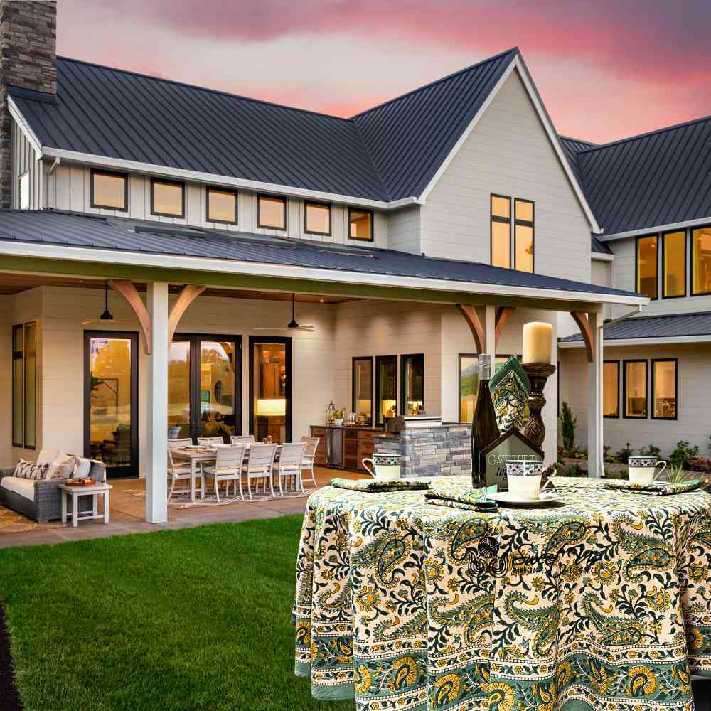 Parisian Paisley Floral Block Print Cotton Tablecloth Round, Lime Terrace - Sweet Us