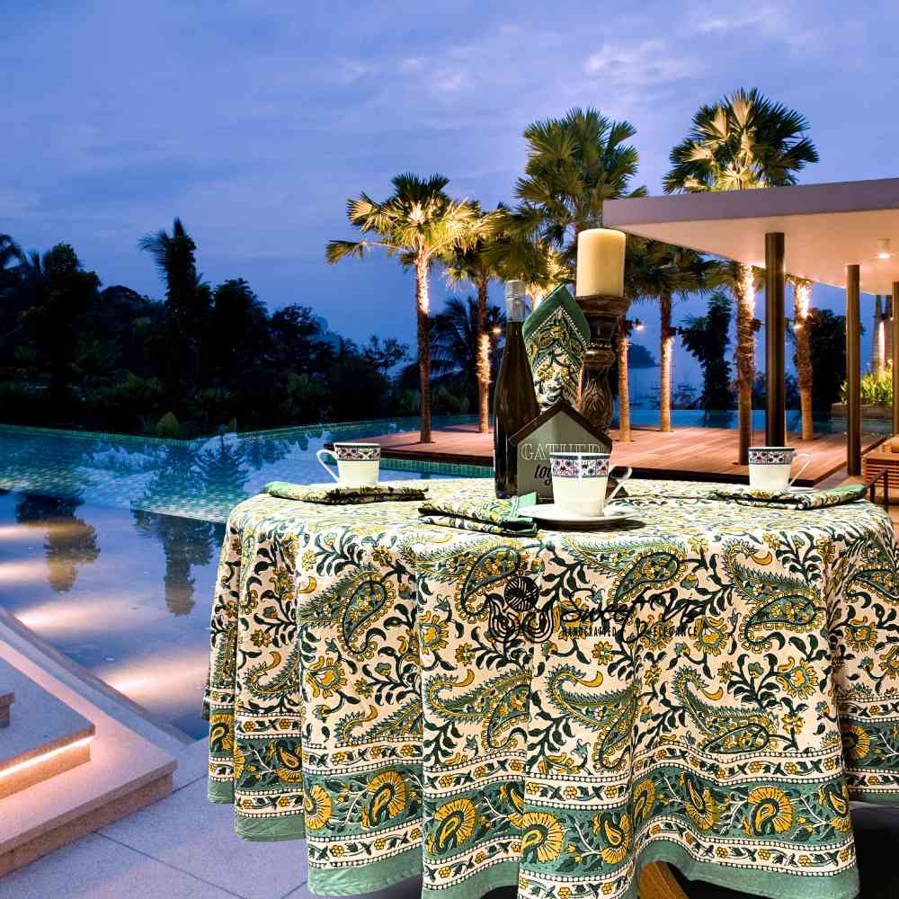 Parisian Paisley Floral Block Print Cotton Tablecloth Round, Lime Terrace - Sweet Us
