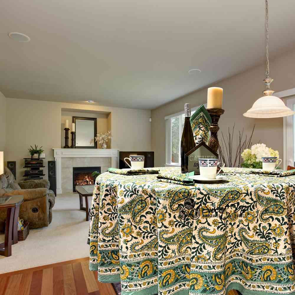 Parisian Paisley Floral Block Print Cotton Tablecloth Round, Lime Terrace - Sweet Us