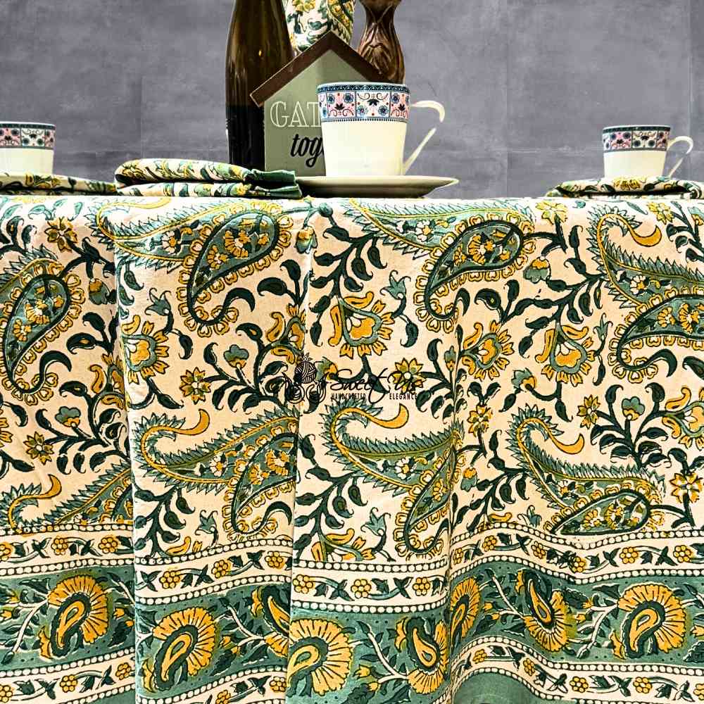 Parisian Paisley Floral Block Print Cotton Tablecloth Round, Lime Terrace - Sweet Us