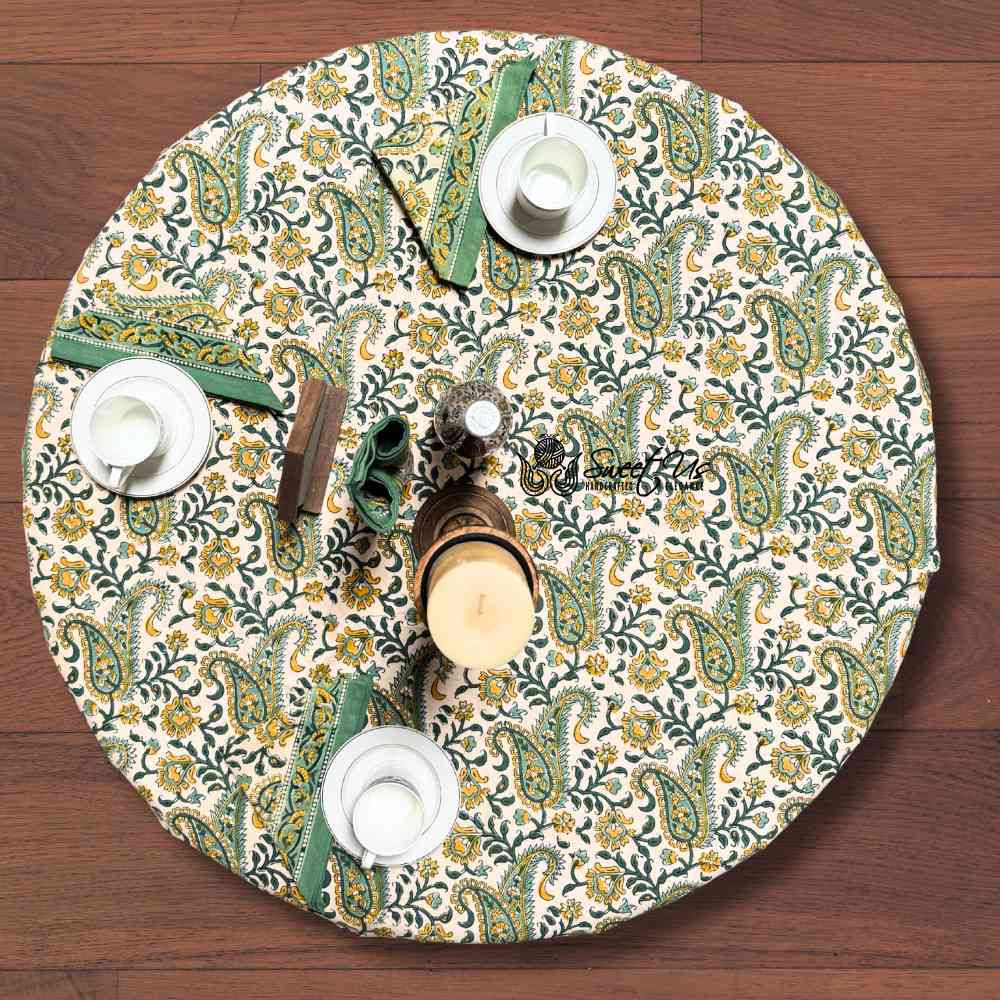 Parisian Paisley Floral Block Print Cotton Tablecloth Round, Lime Terrace - Sweet Us
