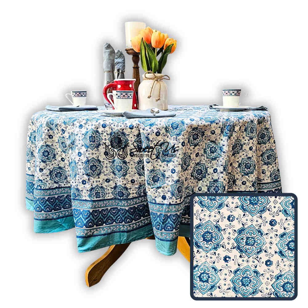 Cotton Springtime Splendor Tablecloth Round, Ice Blue