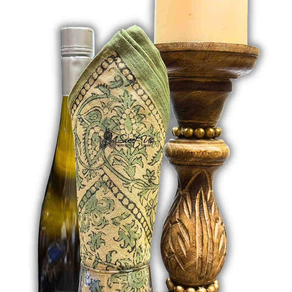 Daisy Bouquet Block Print Cotton Floral Set of 4 Table Napkins, Minty Breeze - Sweet Us