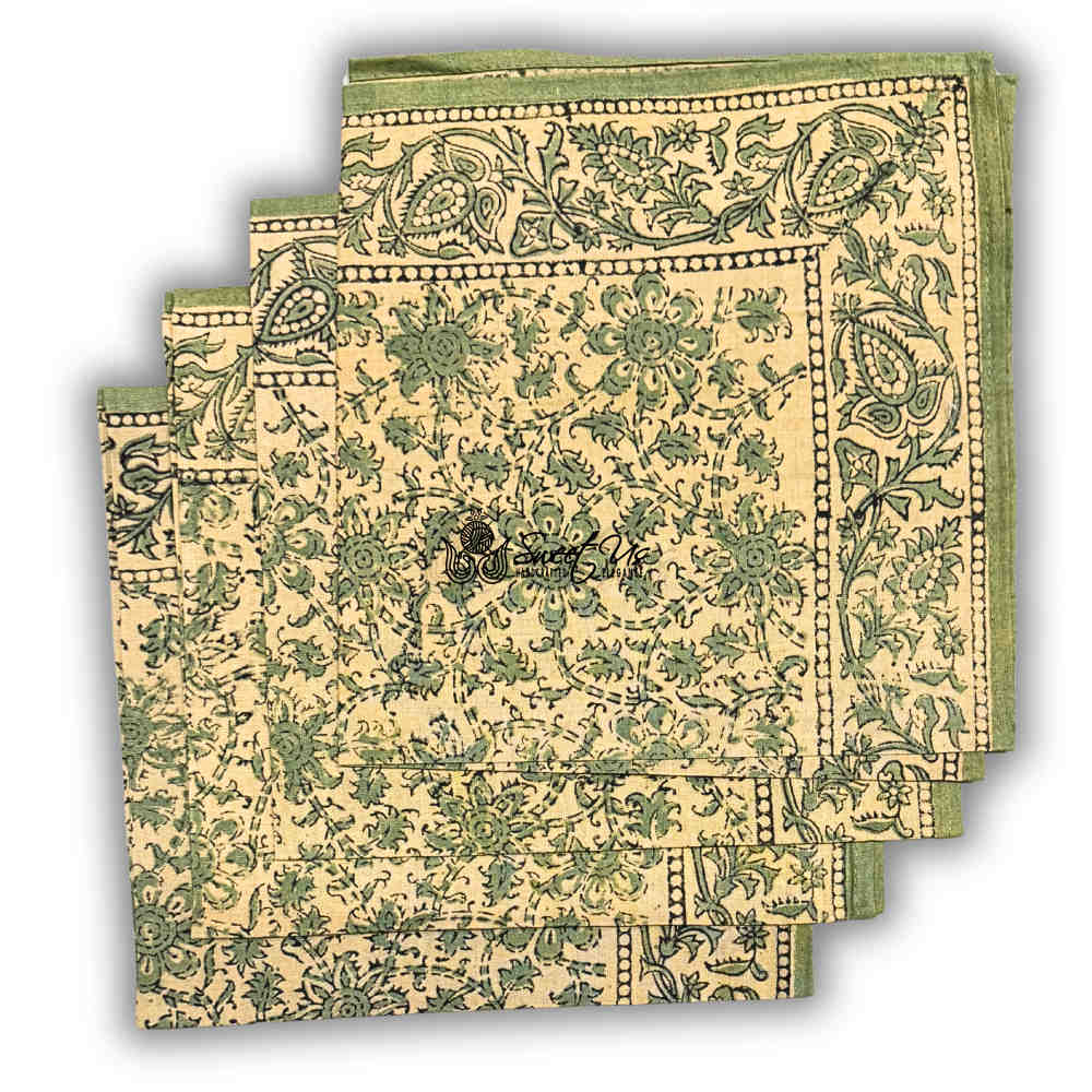 Daisy Bouquet Block Print Cotton Floral Set of 4 Table Napkins, Minty Breeze - Sweet Us