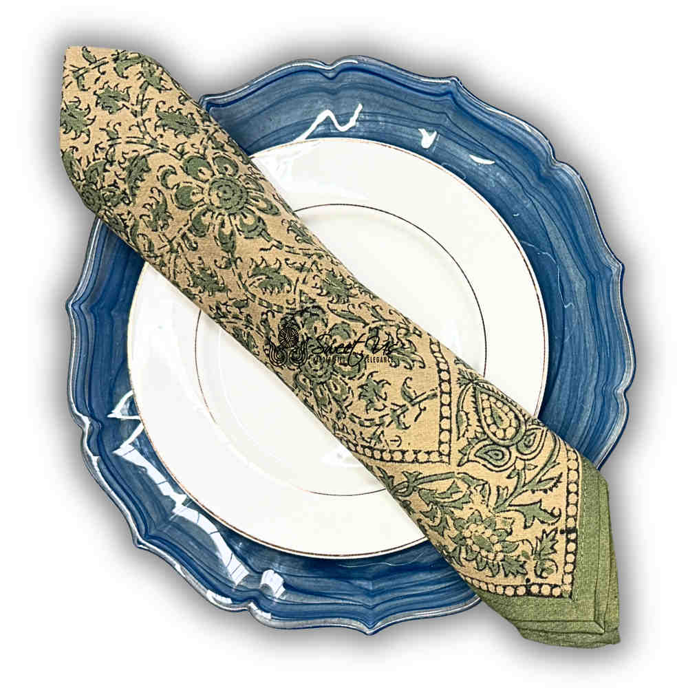 Daisy Bouquet Block Print Cotton Floral Set of 4 Table Napkins, Minty Breeze - Sweet Us