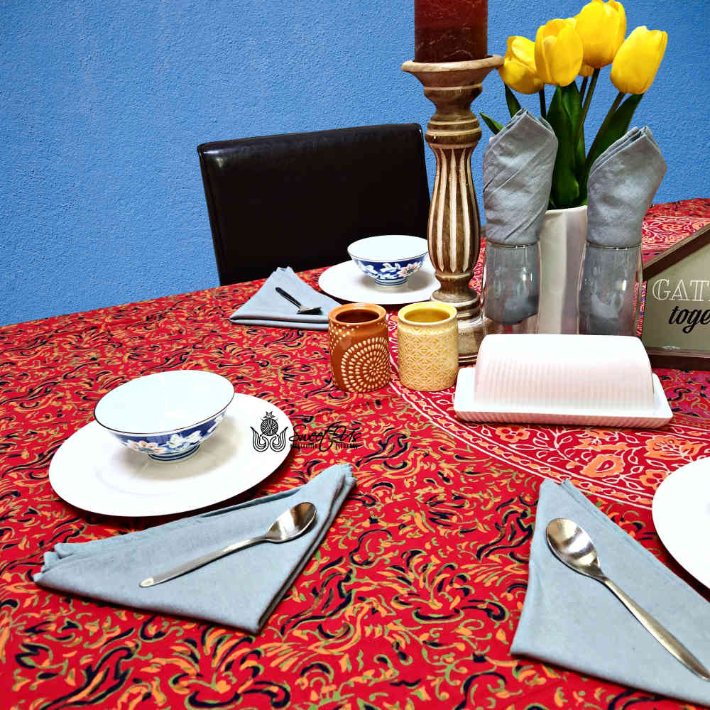 Scarlet Bloom Cotton Floral Tablecloth Square, Crimson Dreams