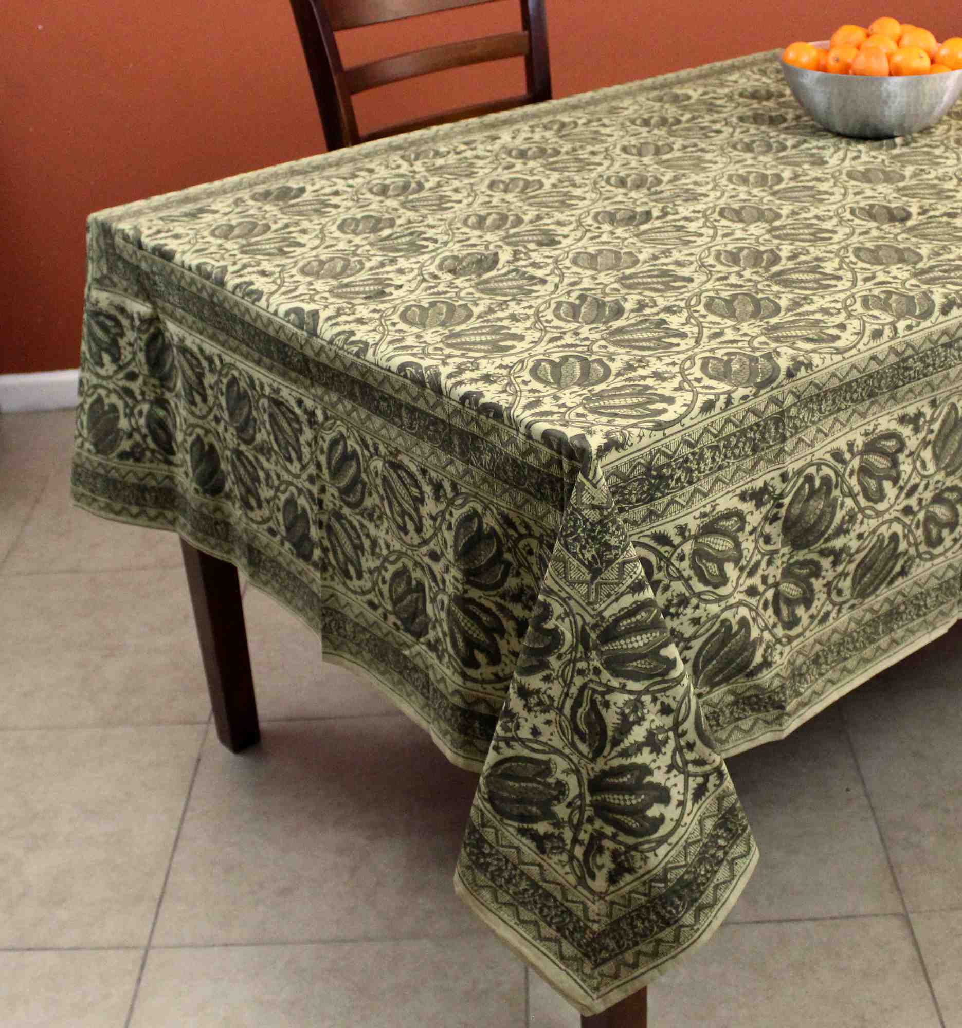 Vegetable Dye Hand Block Print Round Tablecloth Rectangle Cotton Blue Table Linen - Sweet Us