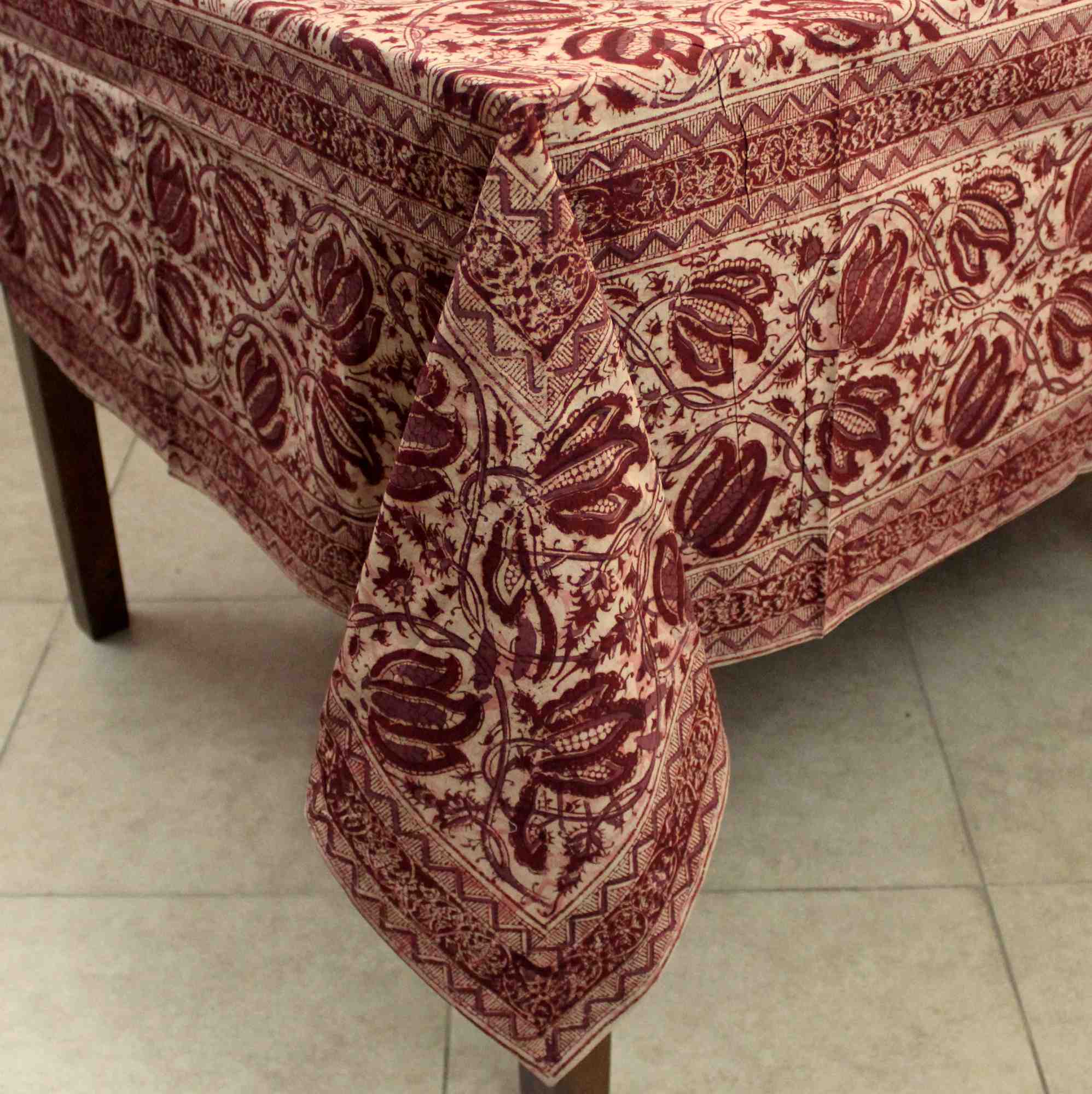 Vegetable Dye Hand Block Print Round Tablecloth Rectangle Cotton Blue Table Linen - Sweet Us