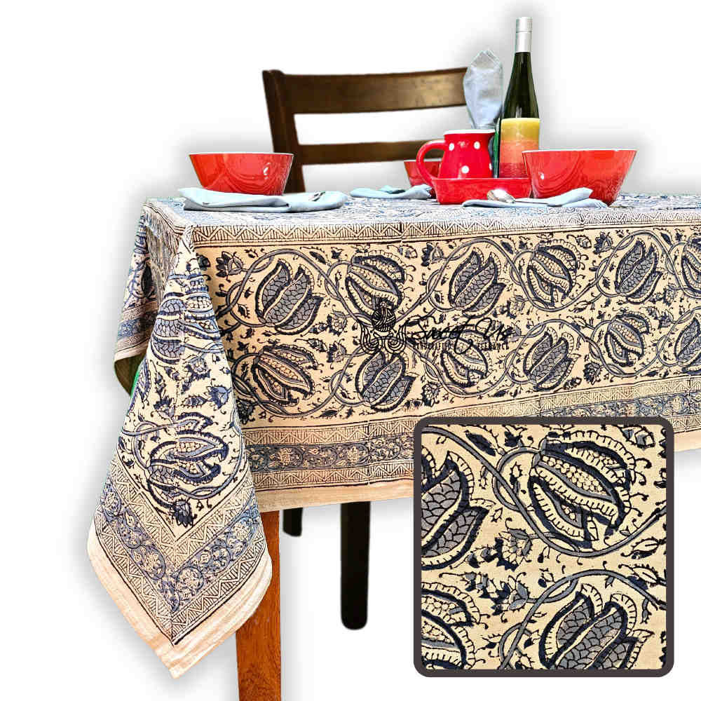 Sustainable Floral Block Print Cotton Tablecloth Rectangle, Golden Twilight - Sweet Us