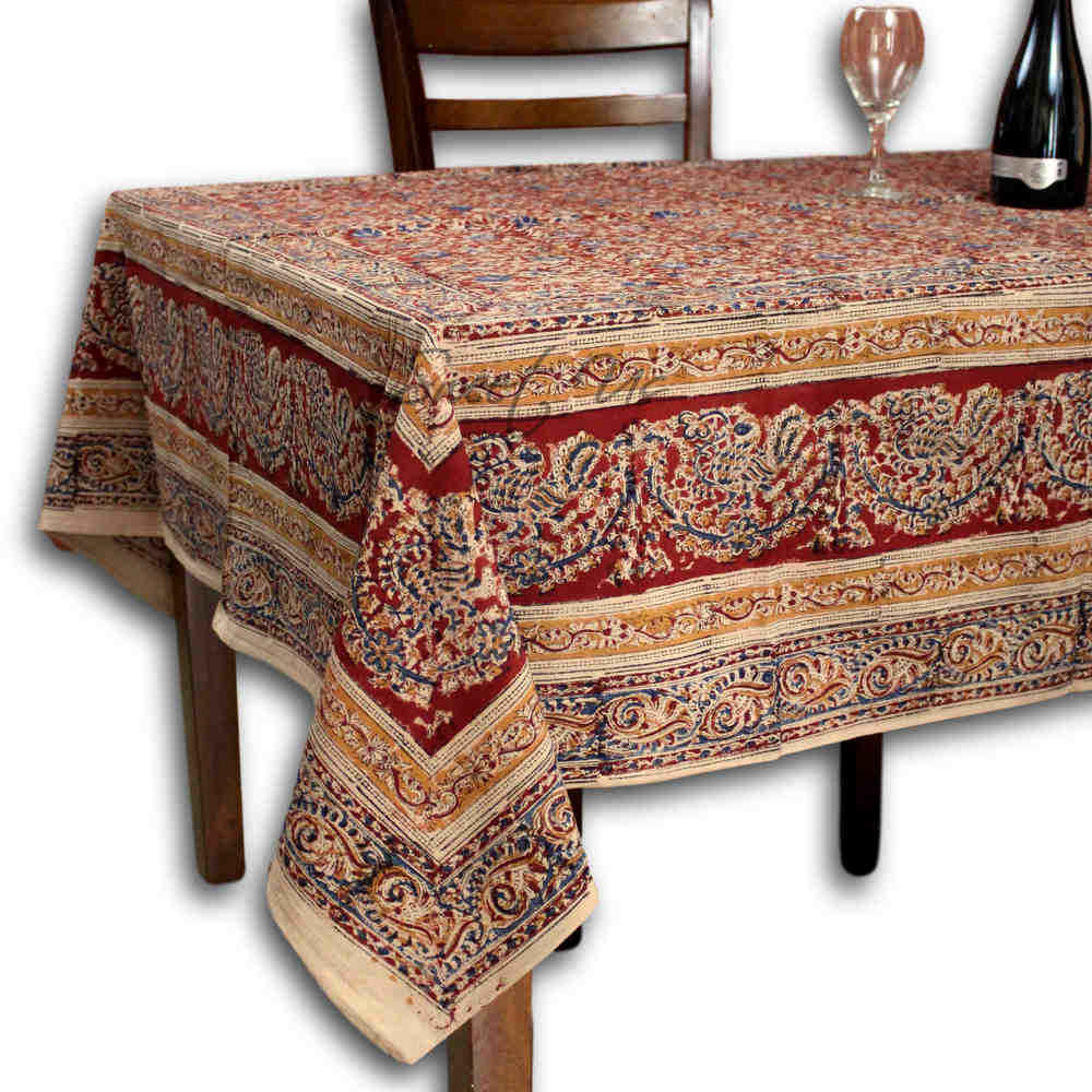Sustainable Floral Block Print Cotton Tablecloth Rectangle, Crimson Sand - Sweet Us