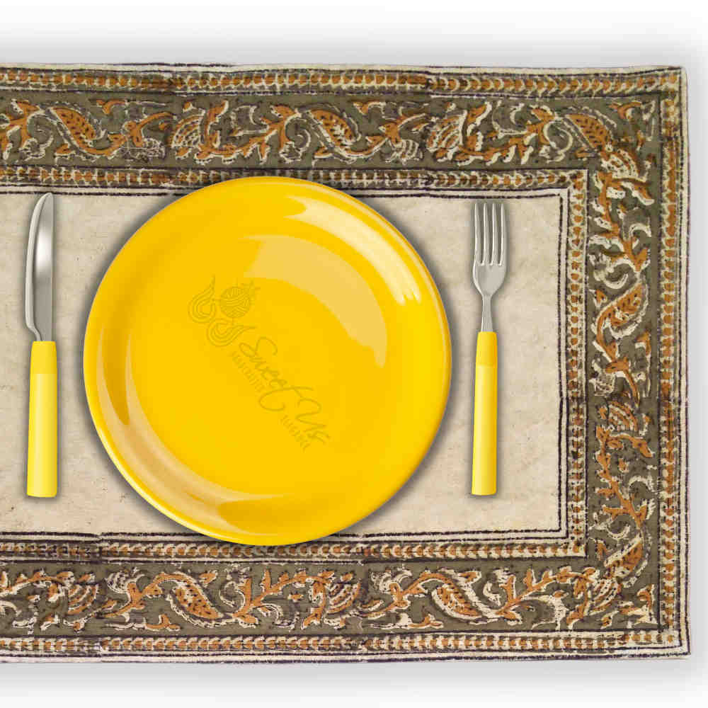 Cotton Sustainable Floral Block Print Set of Four Placemats, Verdant Dune