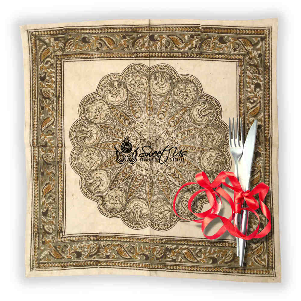 Cotton Sustainable Floral Block Print Set of Four Napkins, Verdant Dune