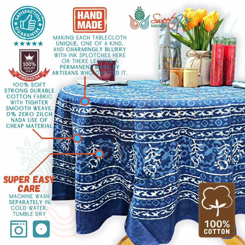 Chiara Floral Cotton Block Print Tablecloth Round, Indigo Blue - Sweet Us