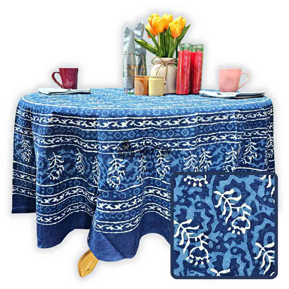 Chiara Floral Cotton Block Print Tablecloth Round, Indigo Blue - Sweet Us