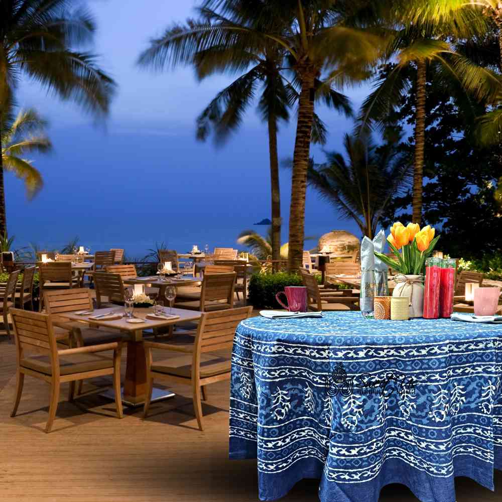 Chiara Floral Cotton Block Print Tablecloth Round, Indigo Blue - Sweet Us