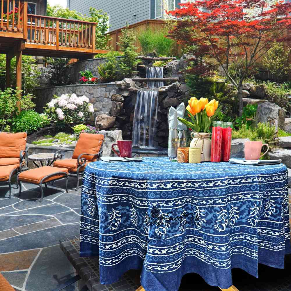 Chiara Floral Cotton Block Print Tablecloth Round, Indigo Blue - Sweet Us