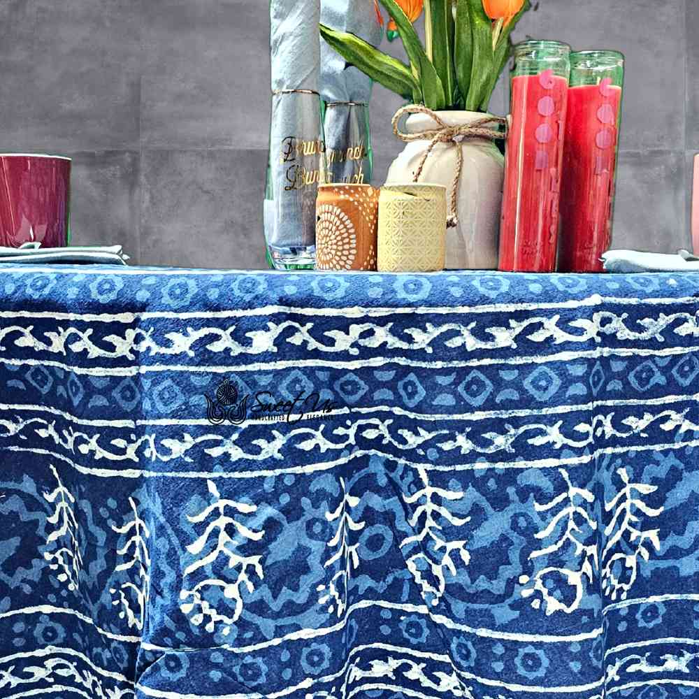 Chiara Floral Cotton Block Print Tablecloth Round, Indigo Blue - Sweet Us