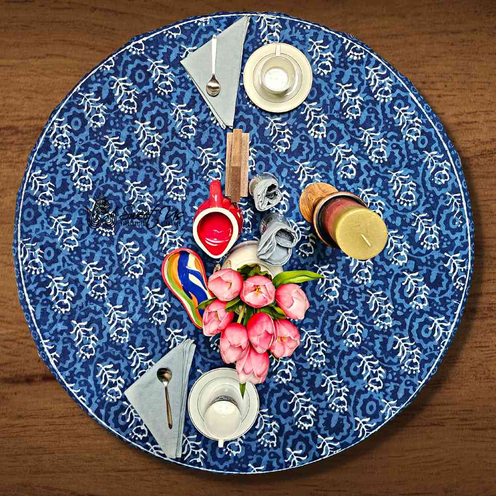 Chiara Floral Cotton Block Print Tablecloth Round, Indigo Blue - Sweet Us