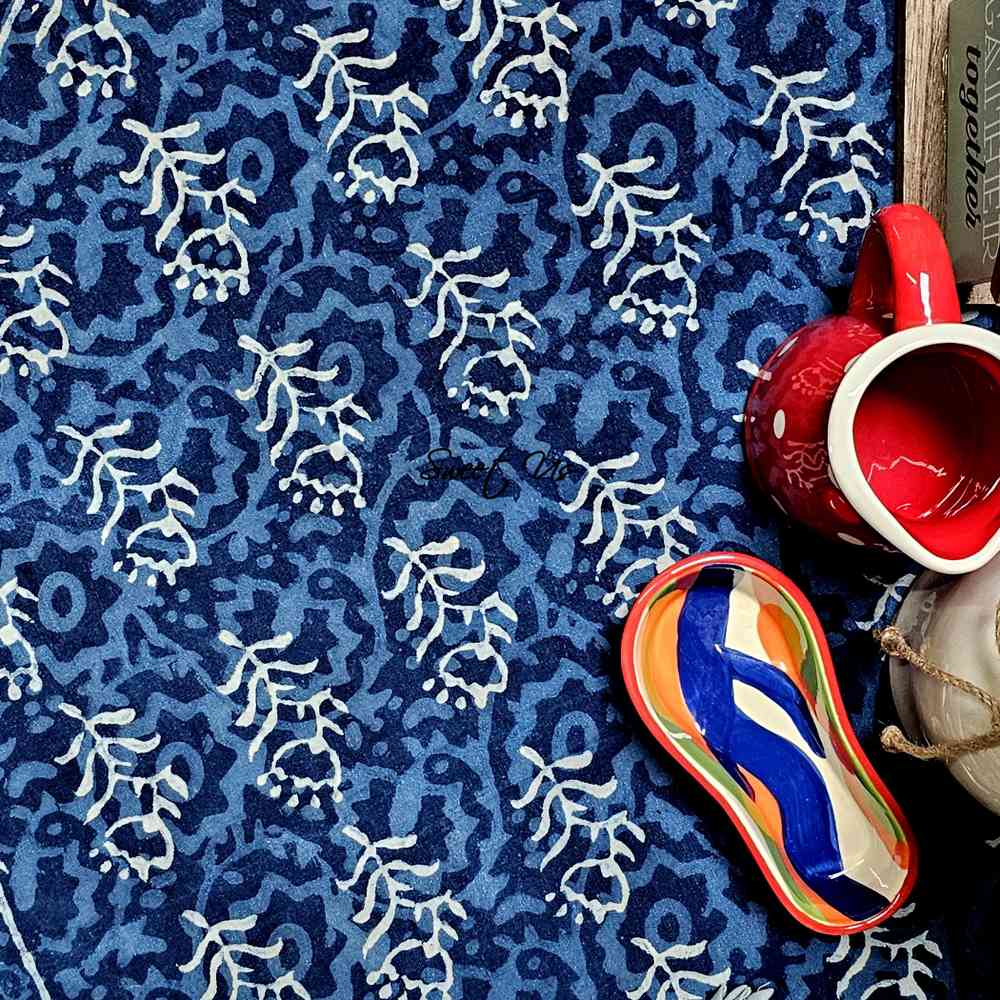 Chiara Floral Cotton Block Print Tablecloth Round, Indigo Blue - Sweet Us