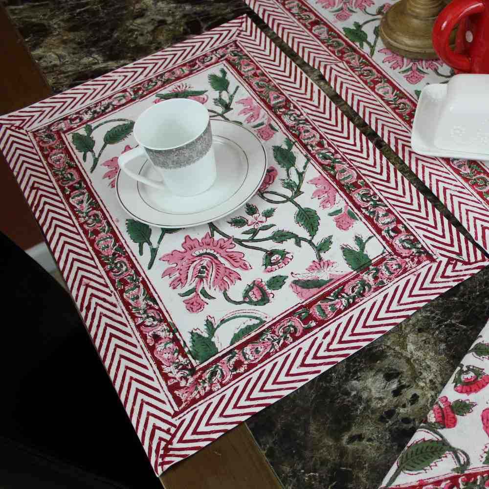 Fiorella Block Print Cotton Floral Set of Four Placemats, Delicate Pink