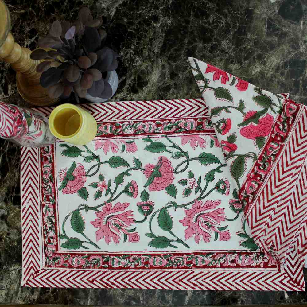 Fiorella Block Print Cotton Floral Set of Four Placemats, Delicate Pink