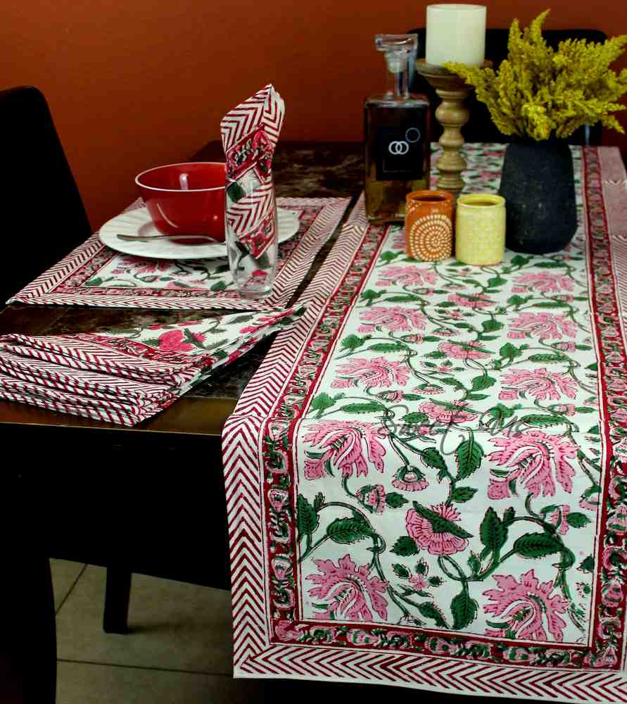 Fiorella Block Print Cotton Floral Table Runner, Delicate Pink