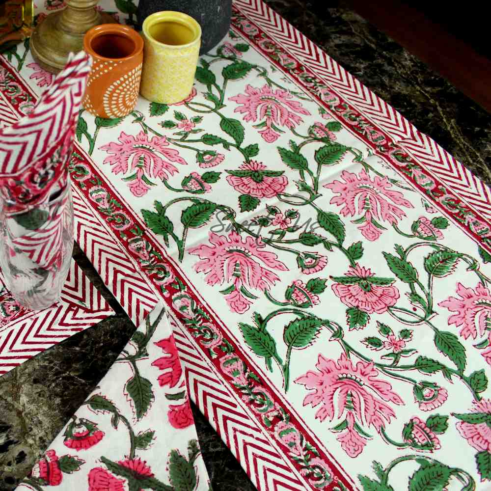 Fiorella Block Print Cotton Floral Table Runner, Delicate Pink