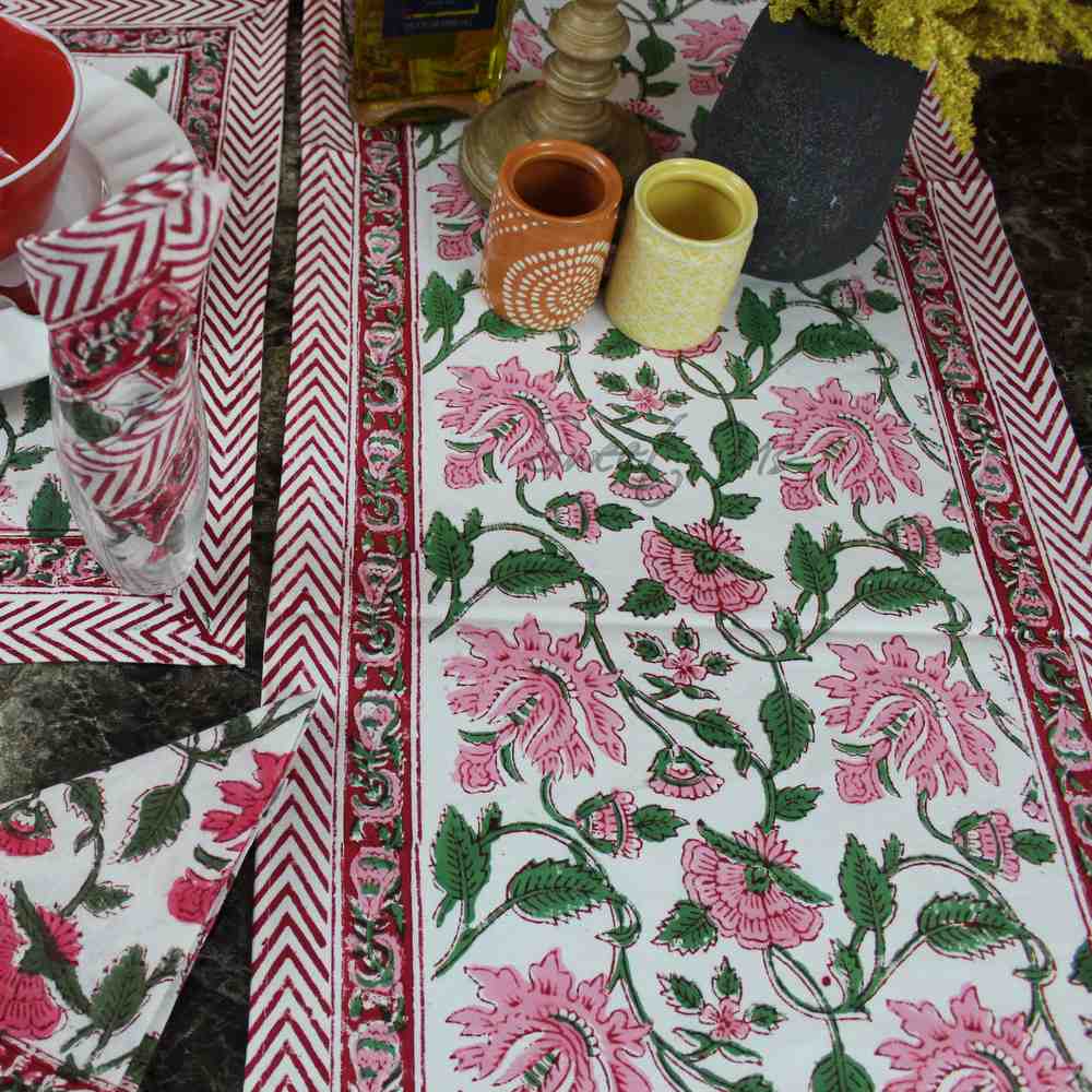 Fiorella Block Print Cotton Floral Table Runner, Delicate Pink