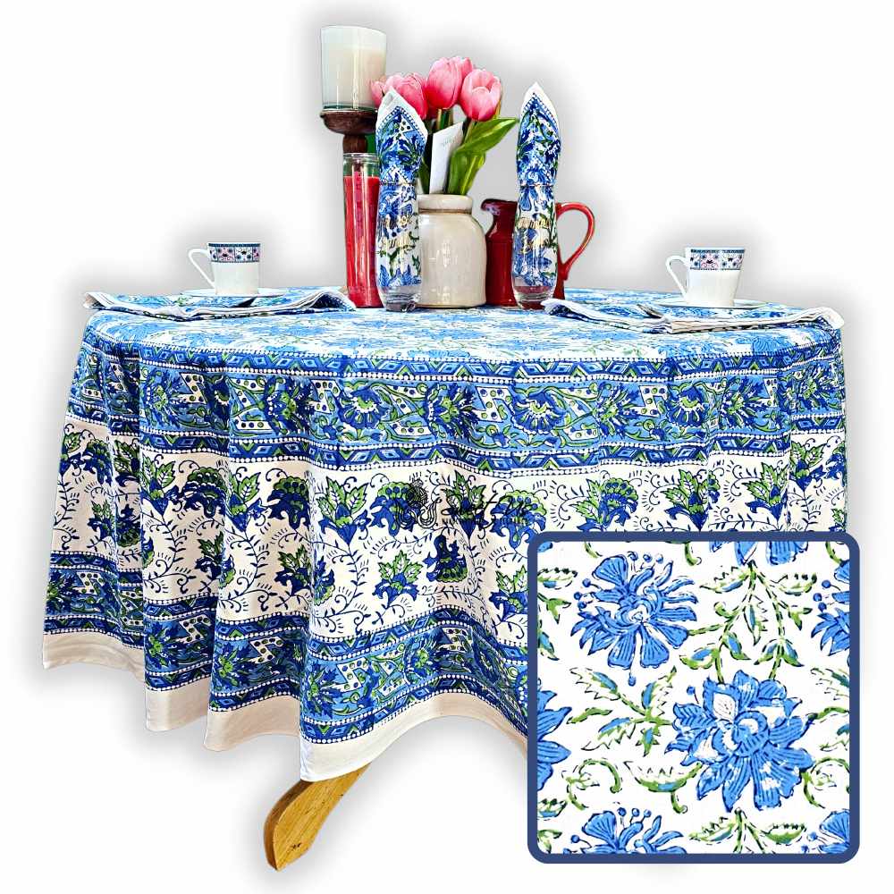 Blossom Burst Cotton Block Print Tablecloth Round, Blue Lagoon - Sweet Us