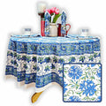 Blossom Burst Cotton Block Print Tablecloth Round, Blue Lagoon - Sweet Us