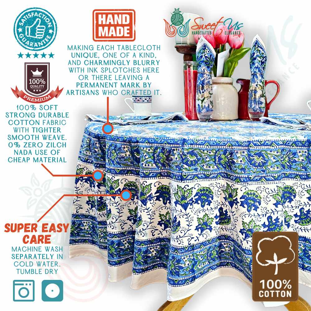 Blossom Burst Cotton Block Print Tablecloth Round, Blue Lagoon - Sweet Us