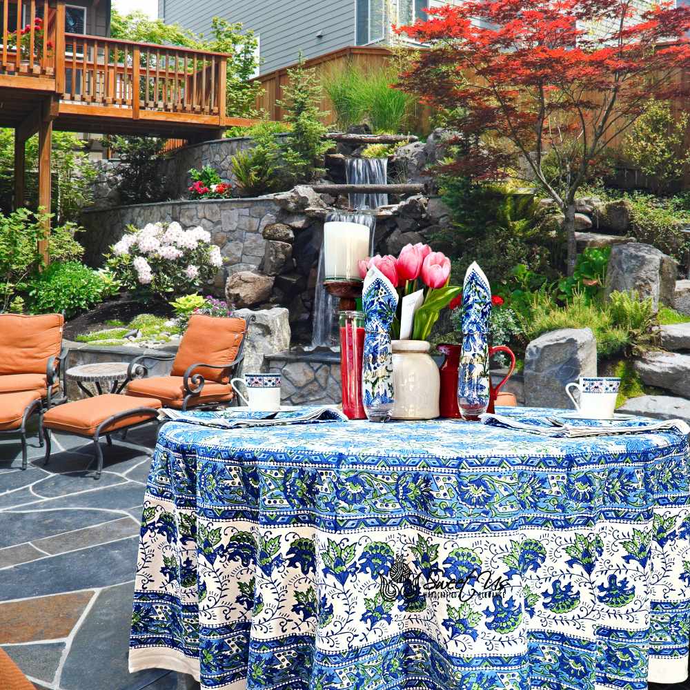 Blossom Burst Cotton Block Print Tablecloth Round, Blue Lagoon - Sweet Us