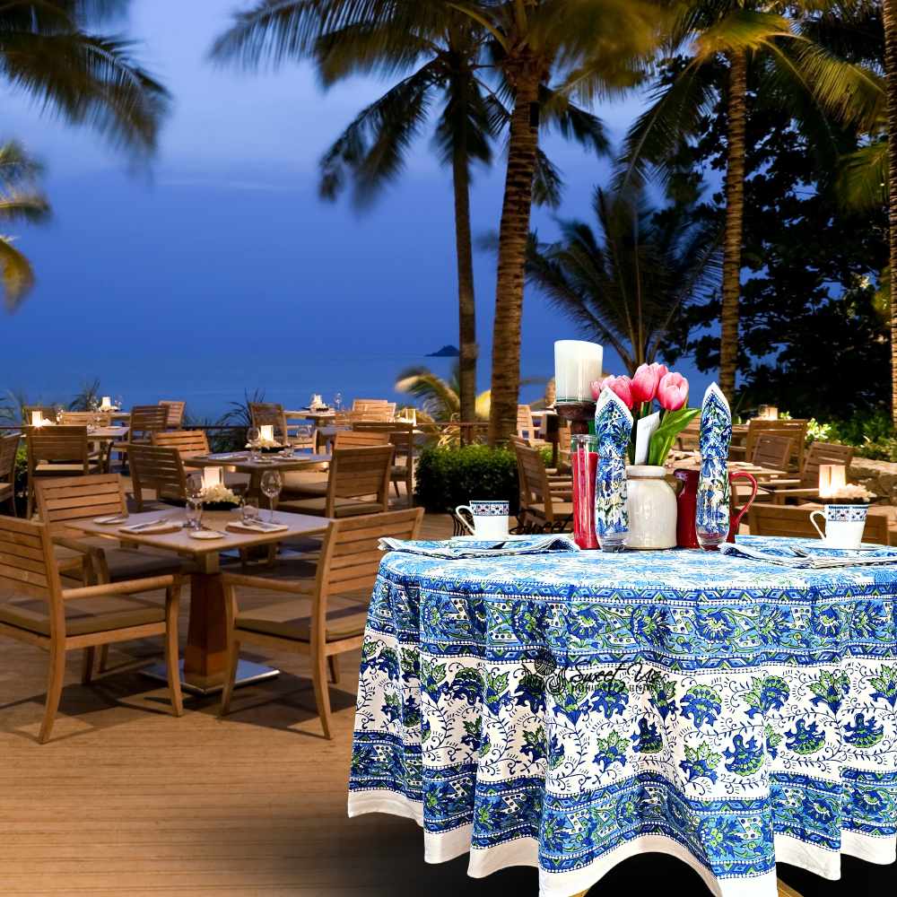 Blossom Burst Cotton Block Print Tablecloth Round, Blue Lagoon - Sweet Us